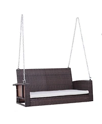 2 Person Wicker Hanging Swing Bench, Front Porch Swing Outdoor Chair with Cushions 550 lbs. Weight Capacity for Backyard, Garden, Cream White
