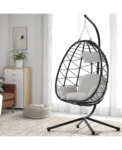 Flynama Egg Chair with Stand Indoor Outdoor Swing Chair Patio Wicker Hanging Egg Chair Hanging Basket Chair Hammock Chair with Stand for Bedroom Livin