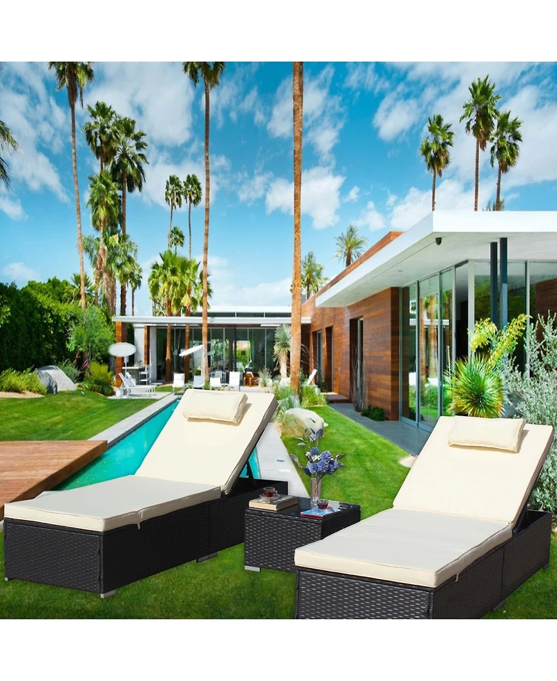 Flynama 3-Piece Outdoor Patio Furniture Set Chaise Lounge, Patio Reclining Rattan Lounge Chair Chaise Couch Cushioned with Glass Coffee Table, Adjusta