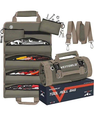 Xdovet Tool Roll Up Bag , Portable Foldable Tools Storage for Men, Heavy Duty Tool Organizer with Detachable Pouches for Electrician Carpenter and Han
