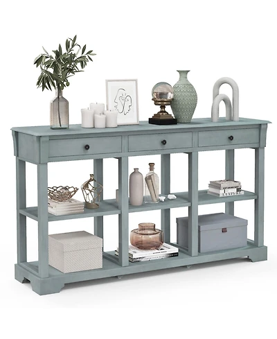 Volenca 58" Retro Console Table with 3 Drawers and Open Shelves Rectangular Entryway Table