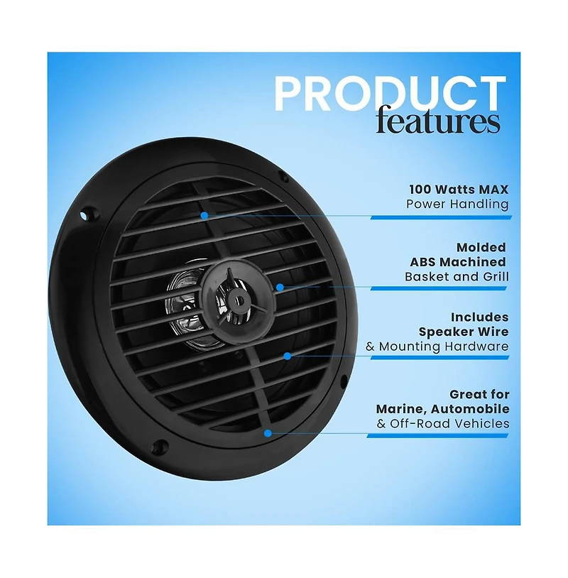 Pyle Dual 6.5'' Waterproof Marine Speakers, Full Range Stereo Sound, 120 Watt, Black
