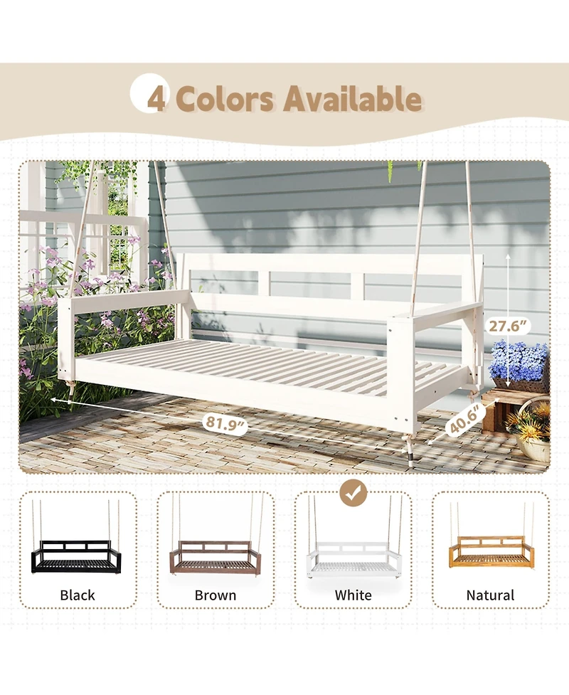 Flynama Patio Wooden Twin Size Porch Swing Daybed Frame, Garden Swing Bench Chair with 4 Hanging Ropes for Backyard,Outdoor,White