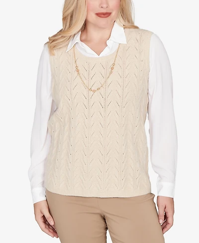 Alfred Dunner Women's Urban Legend Pointelle Texture Two One Sweater with Necklace