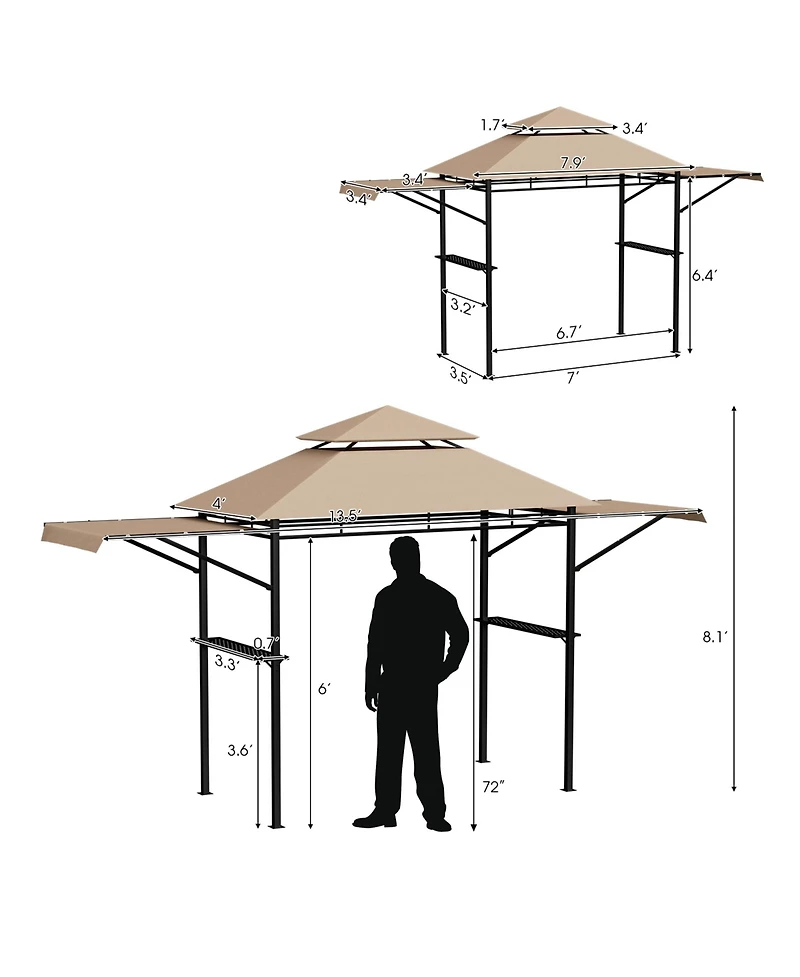 Gymax 13.5' x 4' Patio Bbq Grill Gazebo Side Awnings Shelves 2-Tier Canopy Outdoor