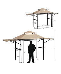 Gymax 13.5' x 4' Patio Bbq Grill Gazebo Side Awnings Shelves 2-Tier Canopy Outdoor