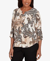 Alfred Dunner Women's Textured Paisley Ruched Sleeves Top