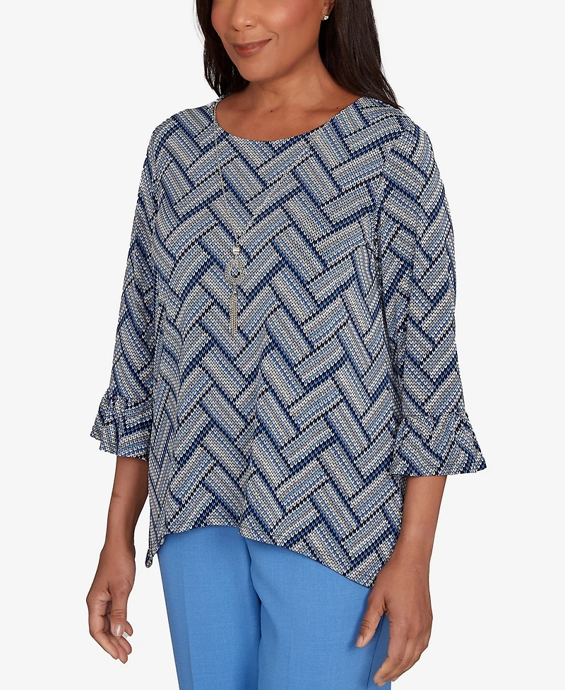 Alfred Dunner Women's Chevron Textured Knit Top with Necklace