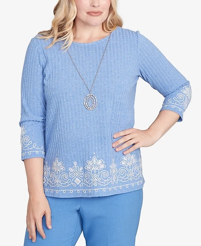 Alfred Dunner Women's Medallion Bordered Periwinkle Top with Necklace
