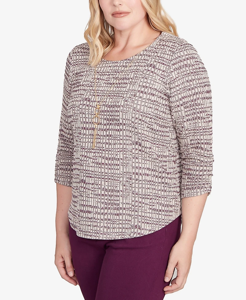 Alfred Dunner Women's Urban Legend Textured Shimmer Space Dye Top with Necklace