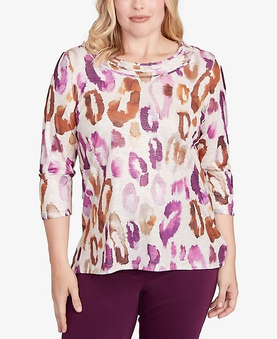 Alfred Dunner Women's Urban Legend Dramatic Animal Three Quarter Sleeve Top