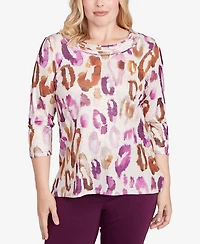 Alfred Dunner Women's Urban Legend Dramatic Animal Three Quarter Sleeve Top