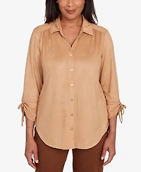 Alfred Dunner Women's Mount Laurel Button Front Faux Suede Top