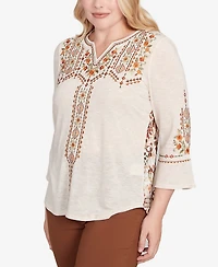 Alfred Dunner Women's Mount Laurel Geometric Floral Embroidery Printed Top