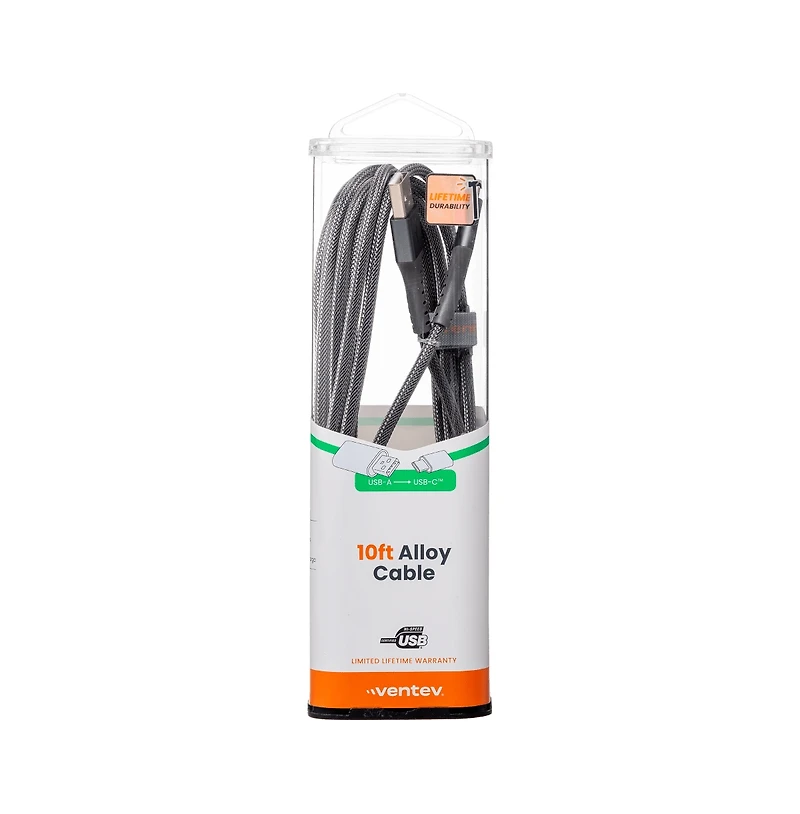 Ventev Alloy Usb A to Usb C High Speed Ultradurable 10 Foot Cable-Silver