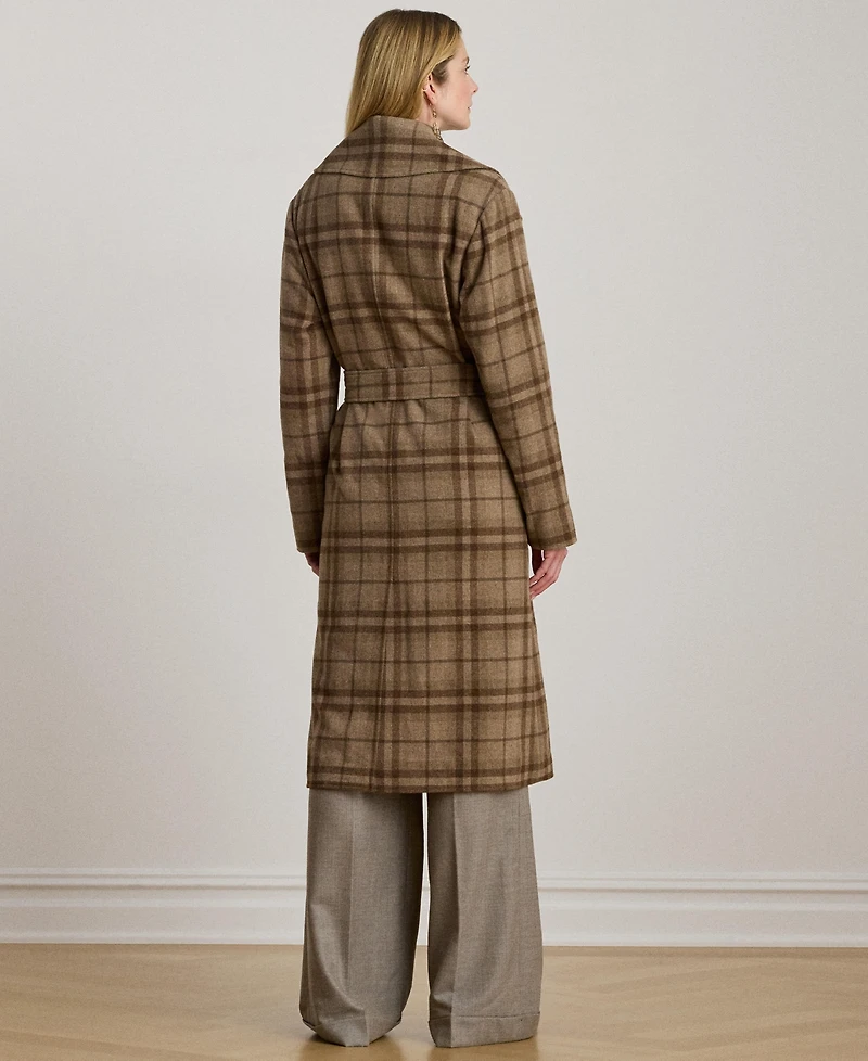 Lauren Ralph Women's Plaid Wool Blend Twill Wrap Coat