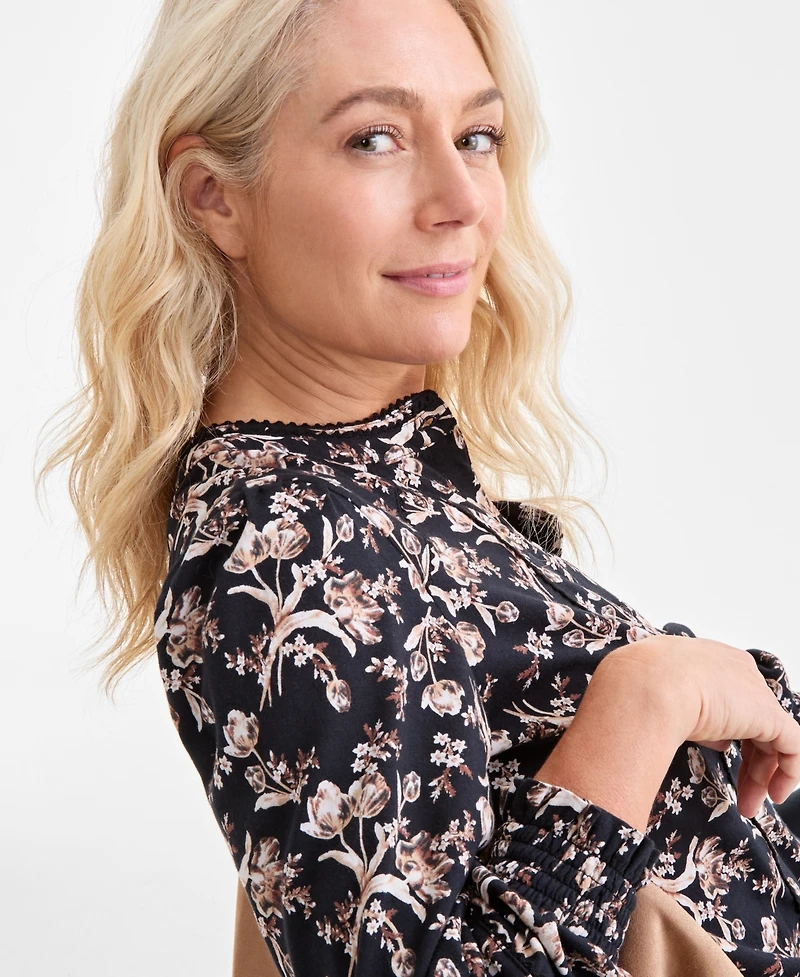 Style & Co Women's Printed Smocked-Cuff Knit Top, Macy's Exclusive