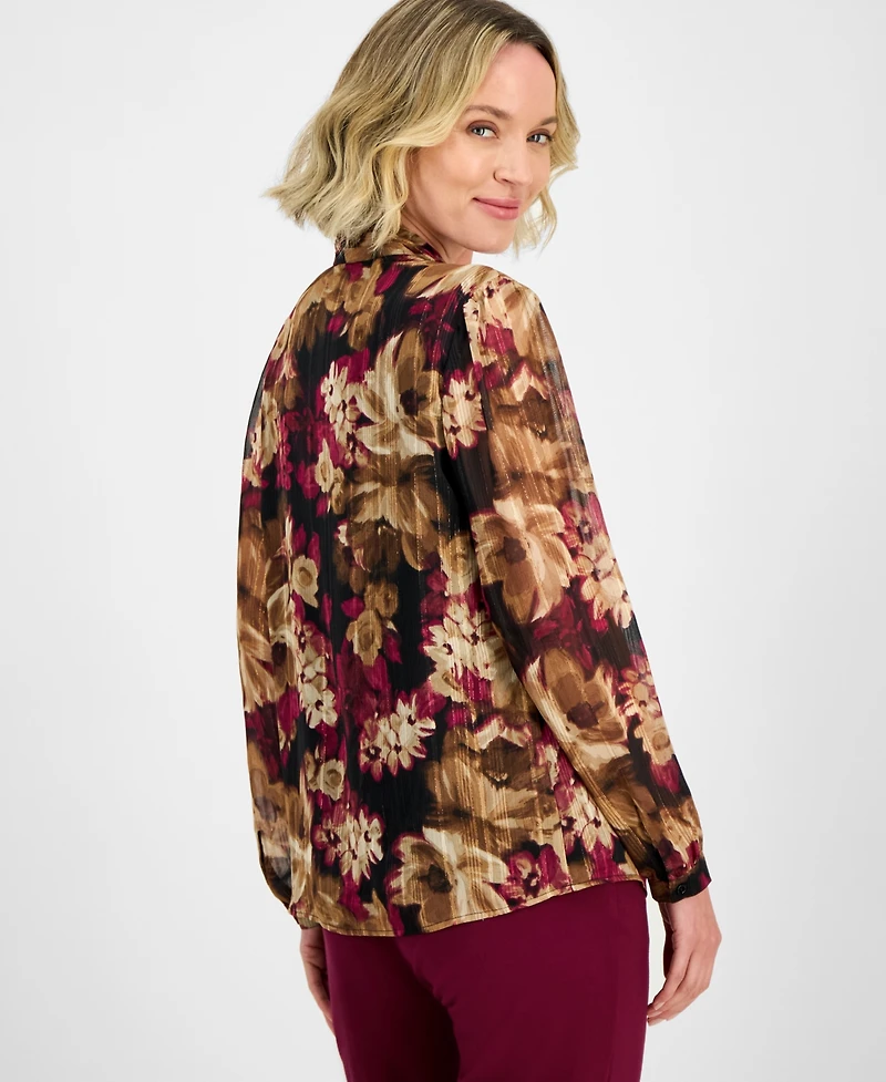 Kasper Floral-Print V-Neck Long-Sleeve Blouse, Regular & Petites