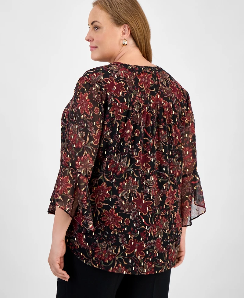 Jones New York Plus Printed V-Neck Flutter-Sleeve Top