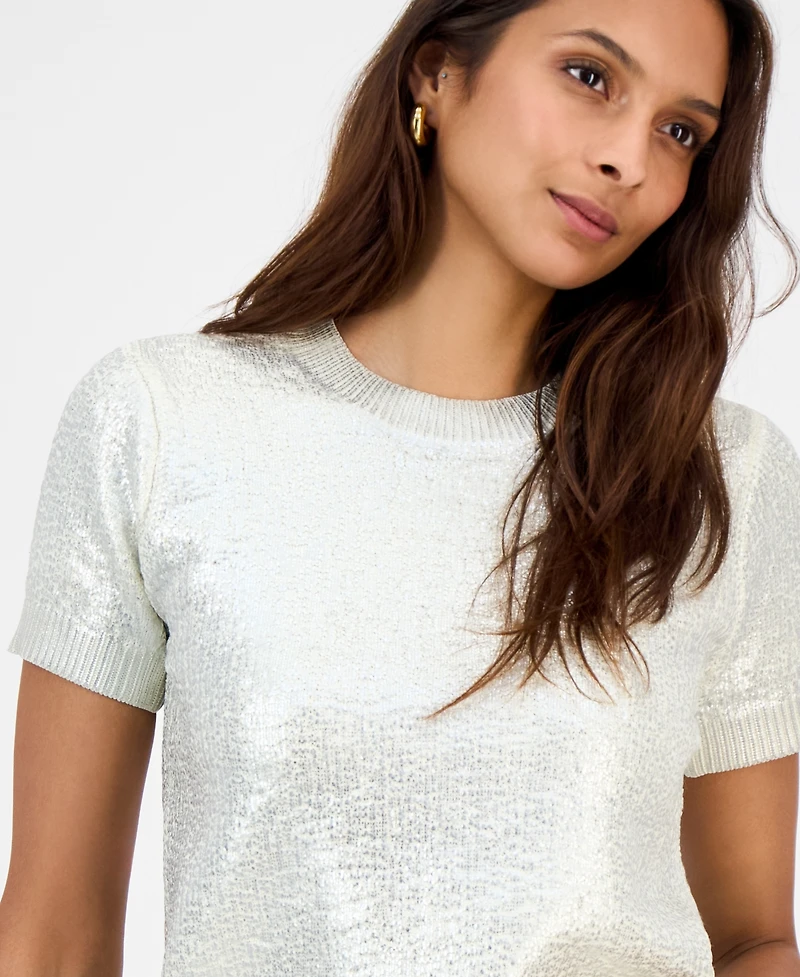 Bar Iii Women's Foiled Short-Sleeve Sweater, Macy's Exclusive