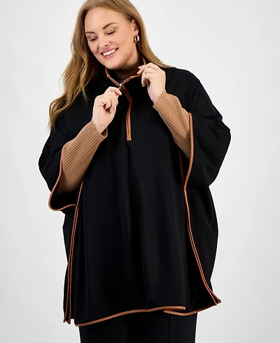 Jones New York Plus Size Faux-Leather-Trim Quarter-Zip Poncho
