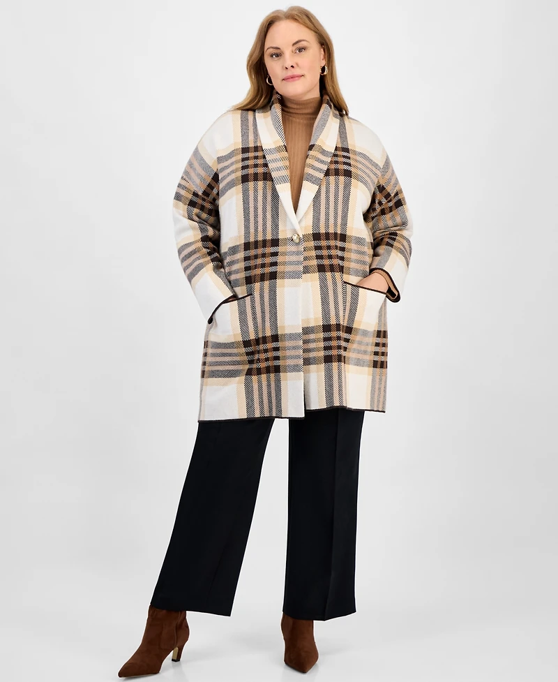 Jones New York Plus Plaid Shawl-Collar Coatigan