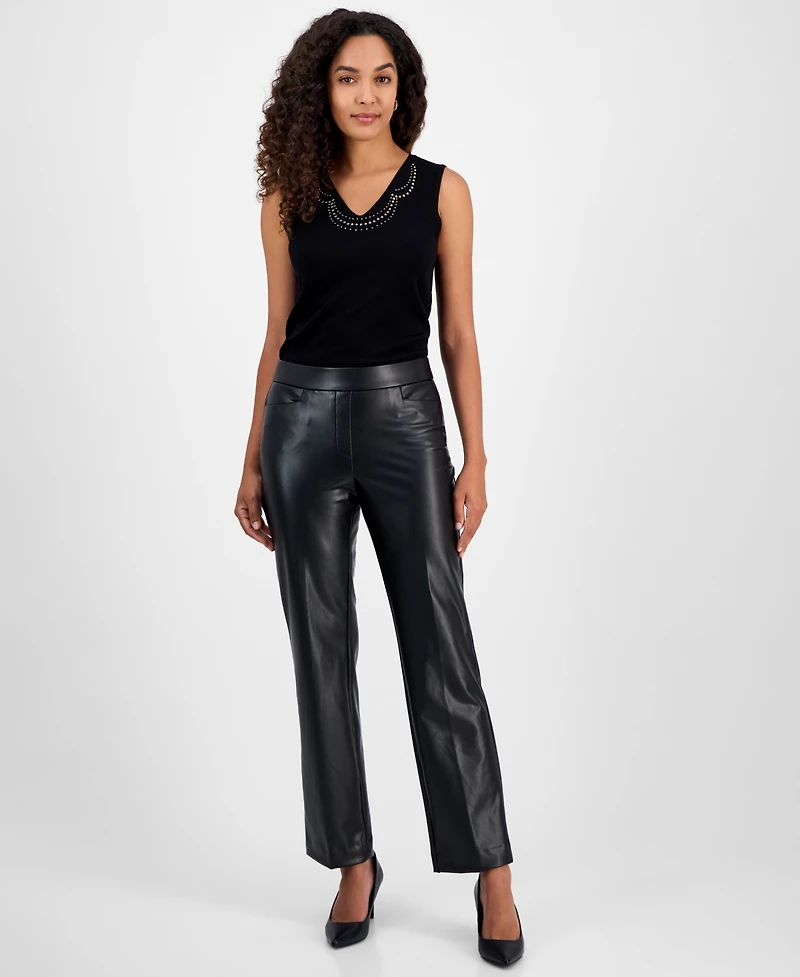 Kasper Faux-Leather Mid-Rise Straight-Leg Pants, Regular & Petites