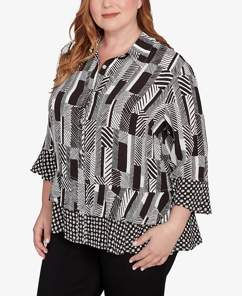 Alfred Dunner Plus As Usual Woven Zebra Button Front Top