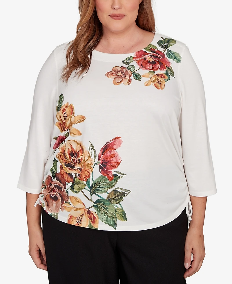 Alfred Dunner Plus Mount Laurel Asymmetric Floral Side Tie Top