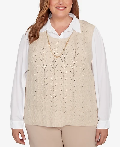 Alfred Dunner Plus Urban Legend Pointelle Texture Two One Sweater with Necklace