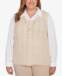 Alfred Dunner Plus Urban Legend Pointelle Texture Two One Sweater with Necklace