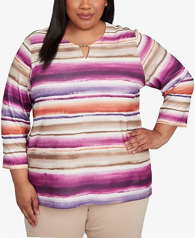 Alfred Dunner Plus Urban Legend Watercolor Biadere Beaded Split Neck Top