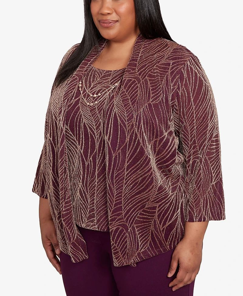 Alfred Dunner Plus Urban Legend Glitter Leaf Two One Pull On Top with Necklace
