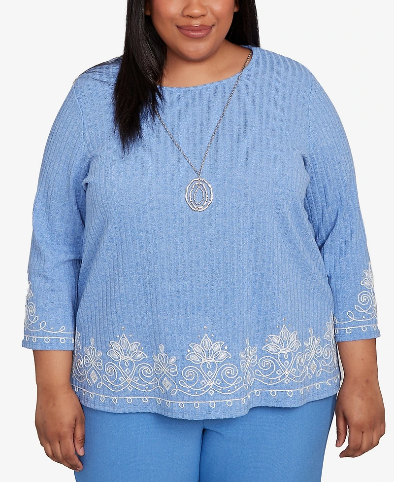 Alfred Dunner Plus As Usual Medallion Bordered Periwinkle Pull On Top with Necklace