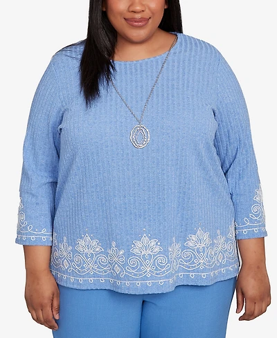 Alfred Dunner Plus As Usual Medallion Bordered Periwinkle Pull On Top with Necklace