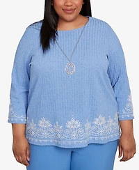 Alfred Dunner Plus As Usual Medallion Bordered Periwinkle Pull On Top with Necklace