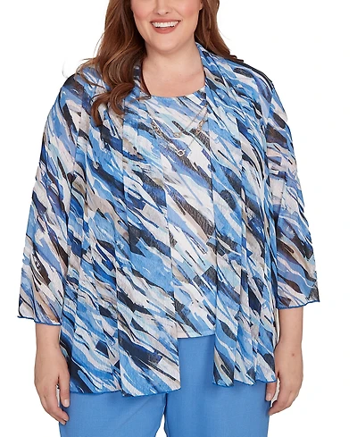 Alfred Dunner Plus Textured Mesh Printed Two One Top with Necklace