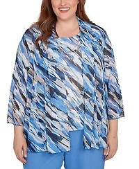 Alfred Dunner Plus Textured Mesh Printed Two One Top with Necklace