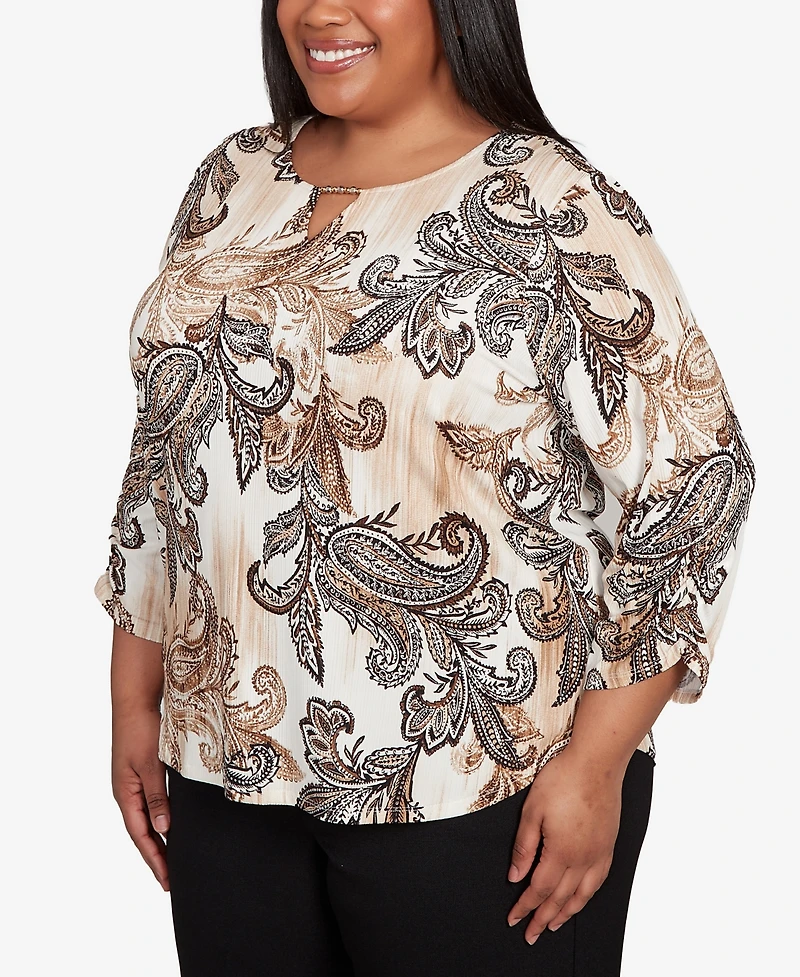 Alfred Dunner Plus Textured Paisley Ruched Sleeve Top