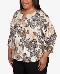 Alfred Dunner Plus Textured Paisley Ruched Sleeve Top