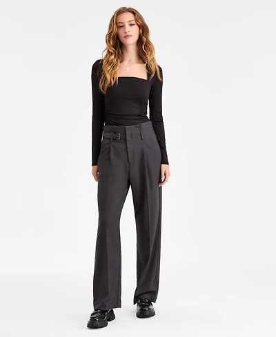 Bar Iii Women's Buckle-Tab Pleated Trousers, Macy's Exclusive