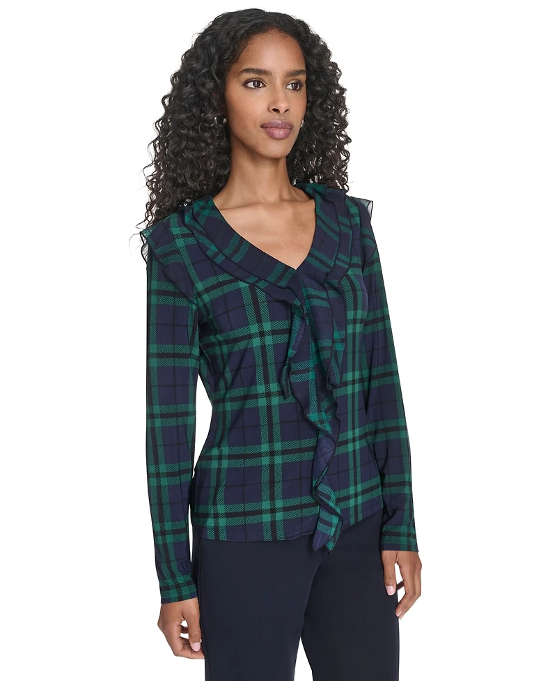 Tommy Hilfiger Women's Long Sleeve Plaid Mixed Media Ruffle Top