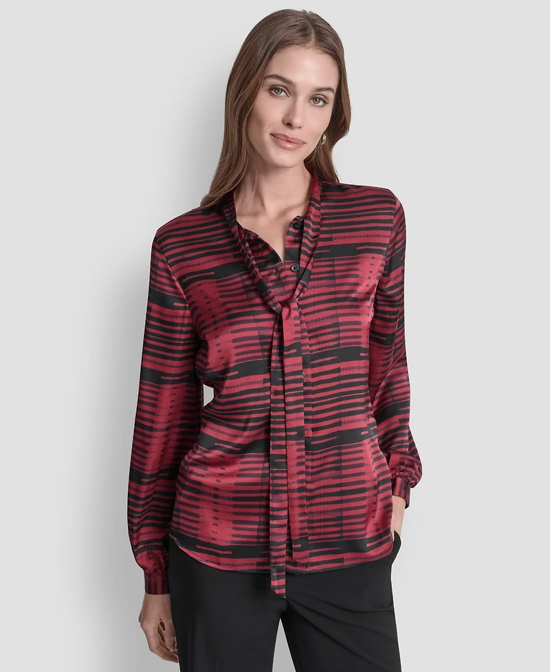 Dkny Women's Printed Satin with Covered Placket and Tie Neck Blouse