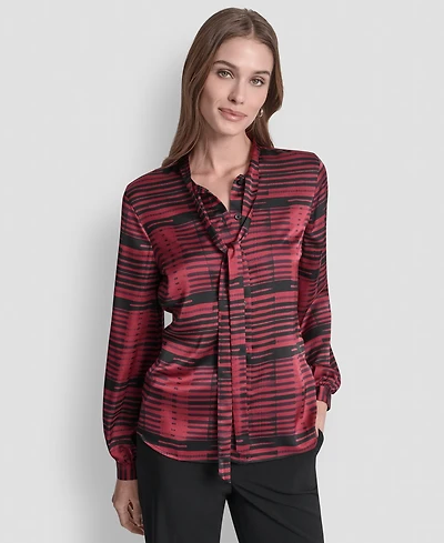 Dkny Women's Printed Satin with Covered Placket and Tie Neck Blouse
