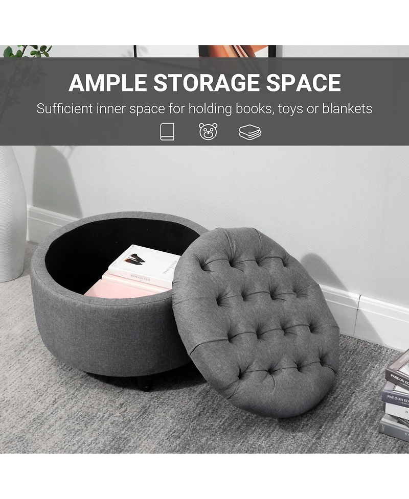 Homcom Upholste Round Linen Storage Stool Footrest of Button Tufted