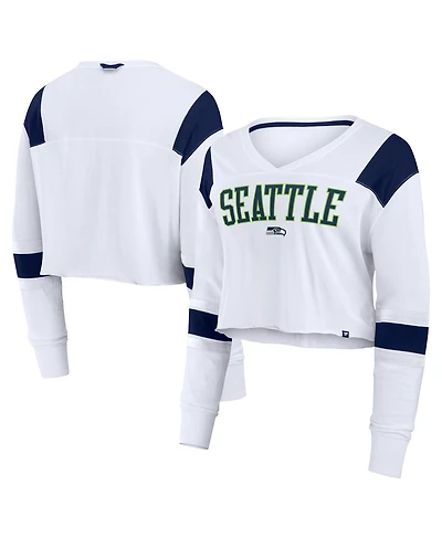 Fanatics Women's White Seattle Seahawks Stretch Cropped Fashion Long Sleeve T-Shirt