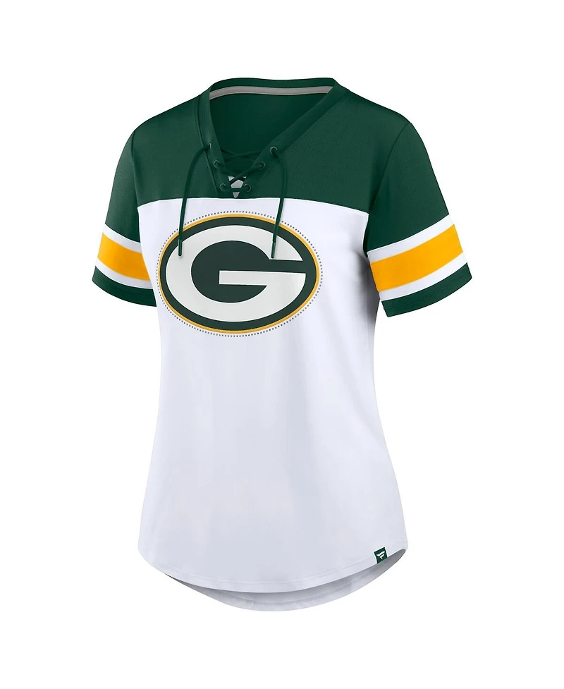 Fanatics Women's White/Green Green Bay Packers Athena Rhinestone Lace-Up V-Neck T-Shirt