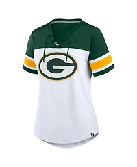 Fanatics Women's White/Green Green Bay Packers Athena Rhinestone Lace-Up V-Neck T-Shirt
