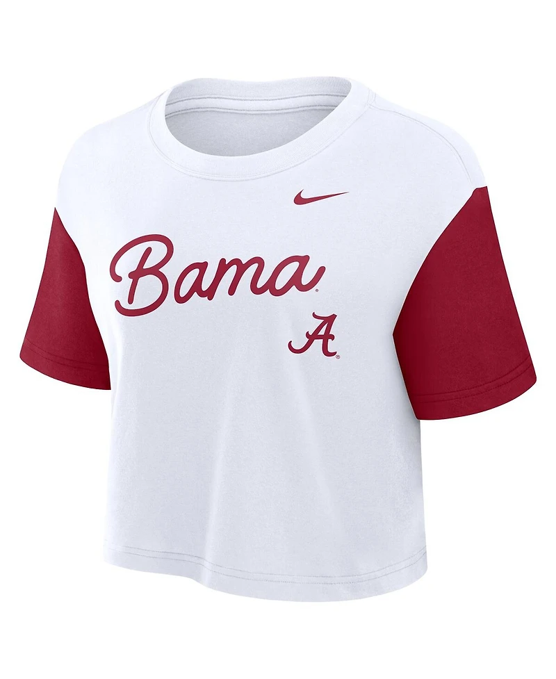 Nike Women's White/Crimson Alabama Crimson Tide Color-Block Script Performance Cropped T-Shirt