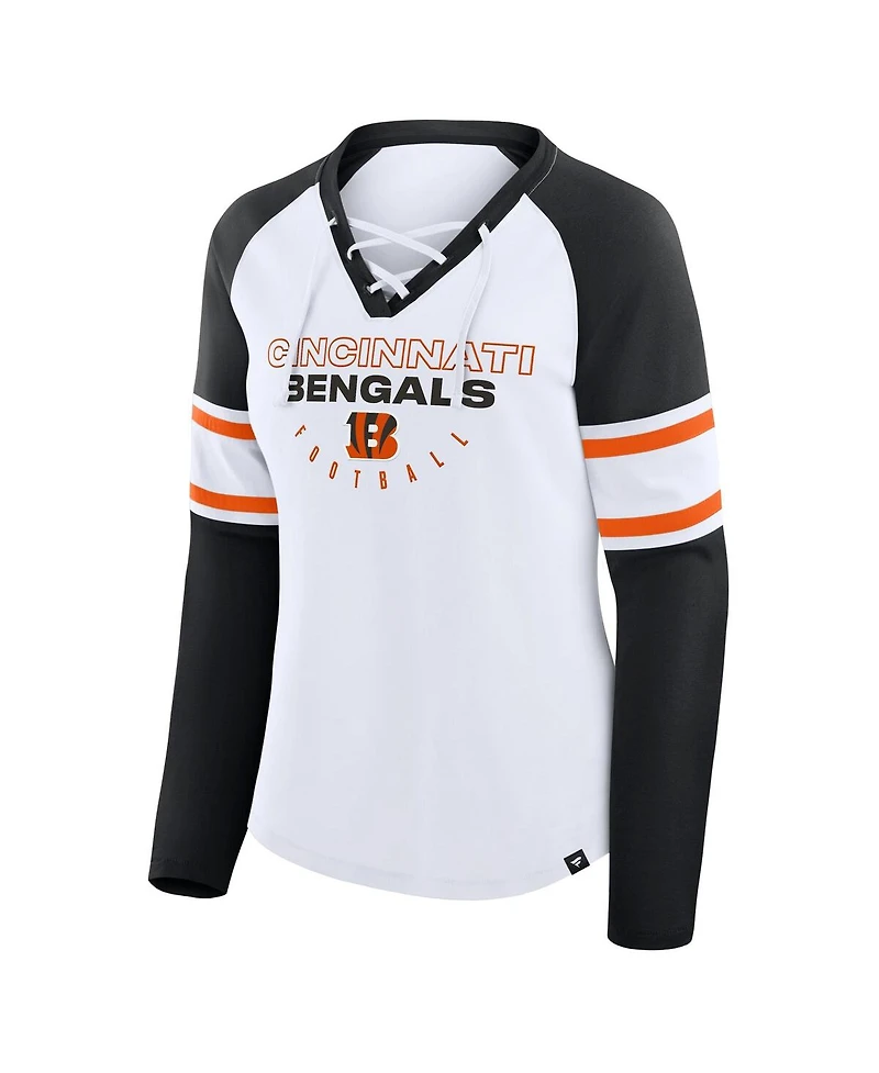 Fanatics Women's White/Black Cincinnati Bengals Redzone Blitz Package Raglan Lace-Up V-Neck Long Sleeve T-Shirt